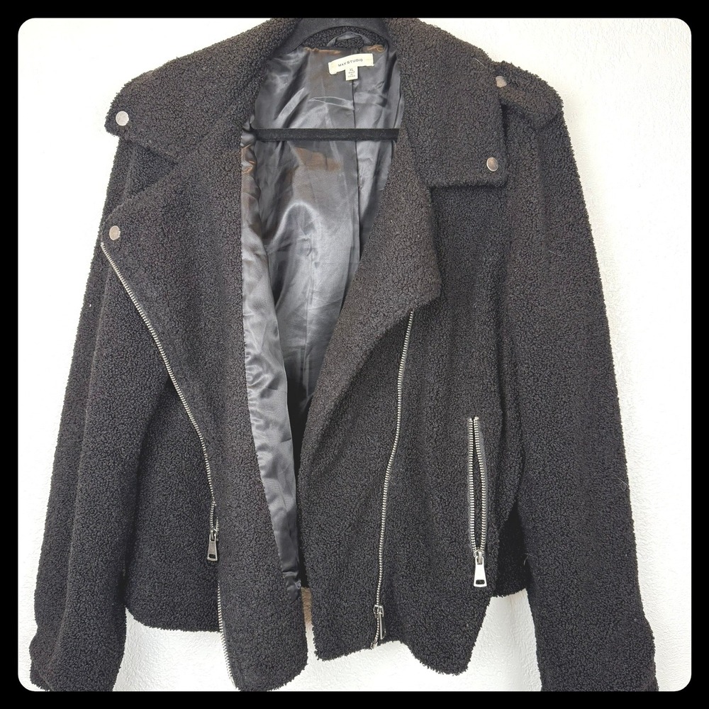 MAX STUDIO Black Teddy Fleece Moto Biker Jacket Women‎ XL